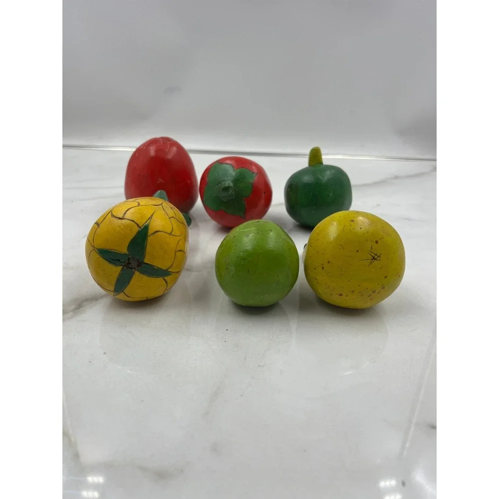 Vintage Hand Carved Wooden Fruit Set 6 Piece Decorative Pineapple Pears Folk Art